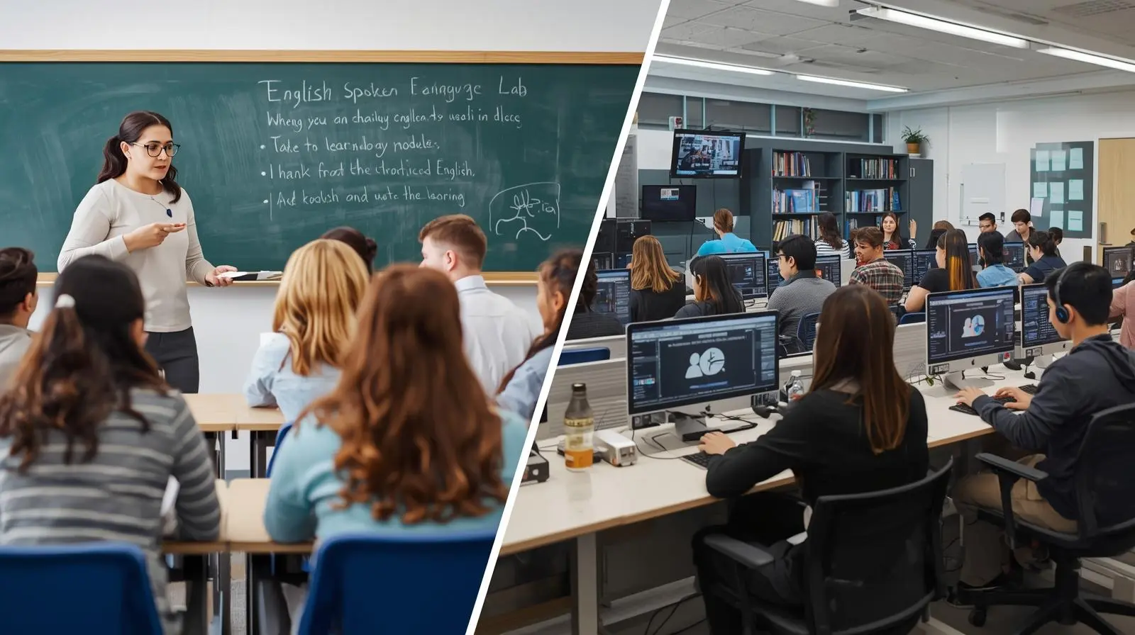 Learning environment of an English spoken class compared with a language lab